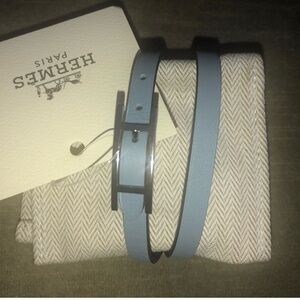 Hermes reversible light blue/Navy Epsom Double Tour Slim Bracelet w/ Silver H.